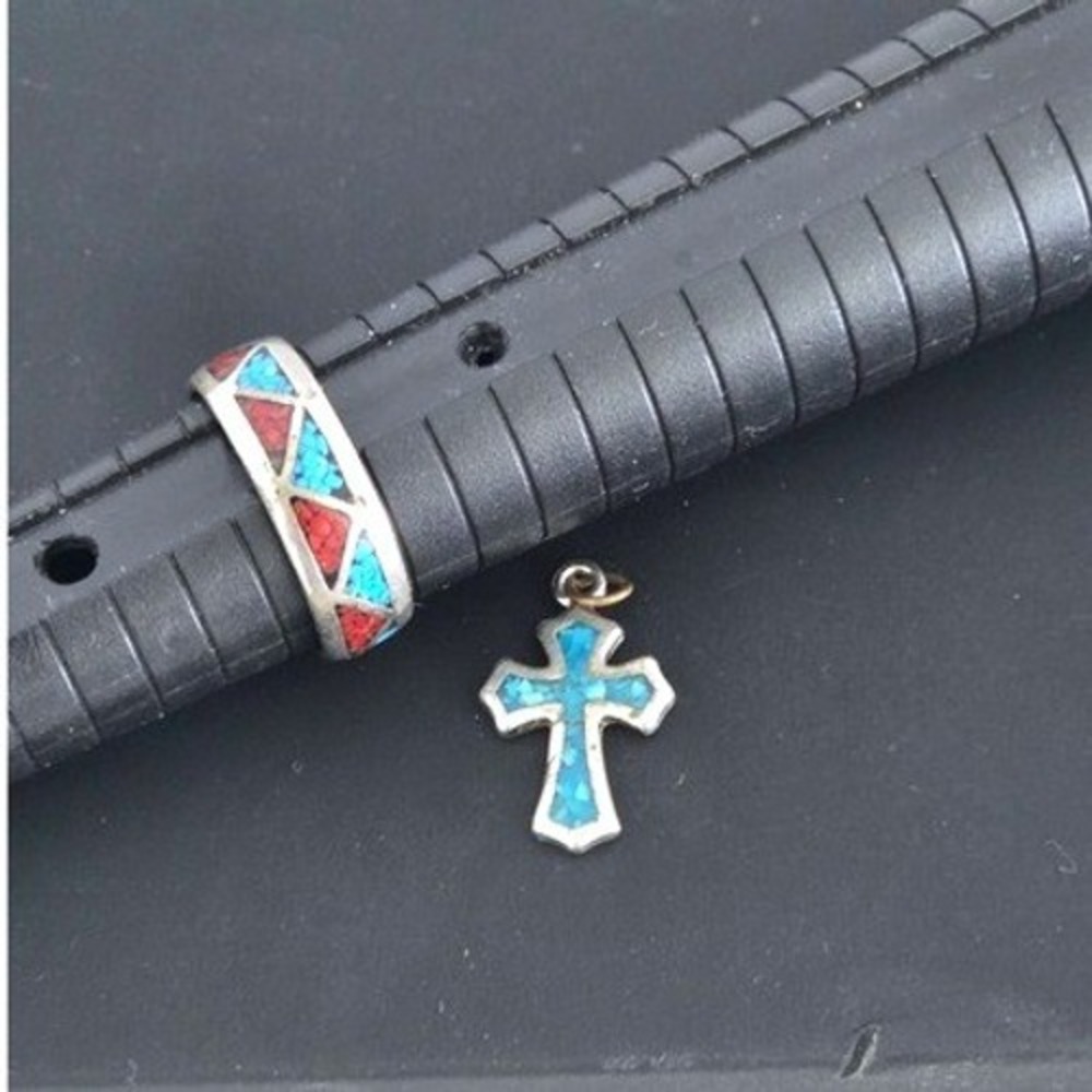 Southwestern Turquoise Coral Inlay Ring and Cross Pendant Set Size 6.5